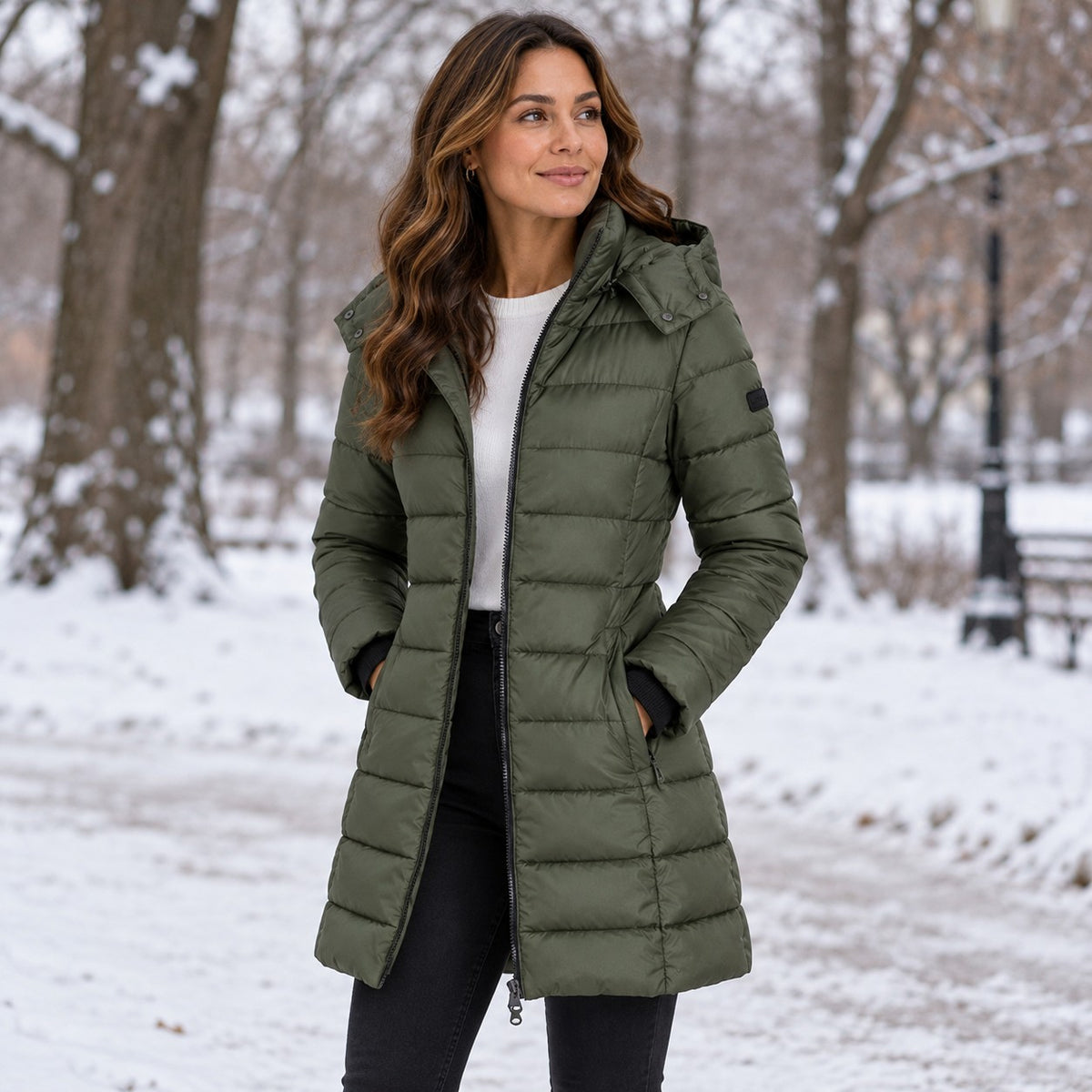 Women's Long Hooded Puffer Coat in Green — snowy park