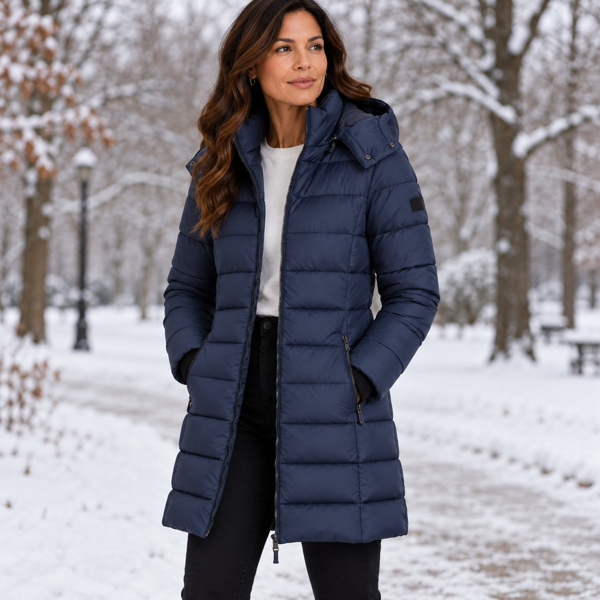 Women's Long Hooded Puffer Coat in Navy — snowy park