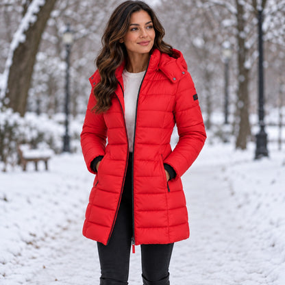 Women's Long Hooded Puffer Coat in Red — snowy park
