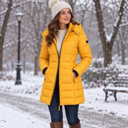 Women's Long Hooded Puffer Coat in Yellow — snowy park