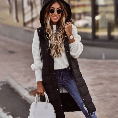 Women's Long Hooded Quilted Puffer Vest — Sleeveless 1