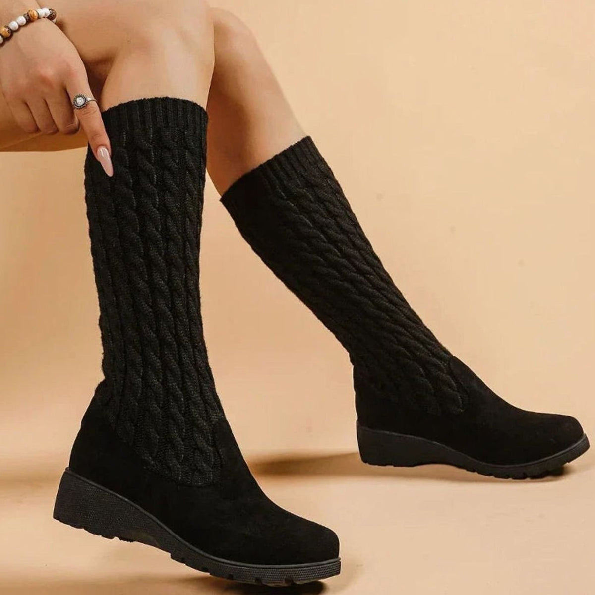 Women's Orthopedic Wedge Knee-High Cable-Knit Suede Boots 1