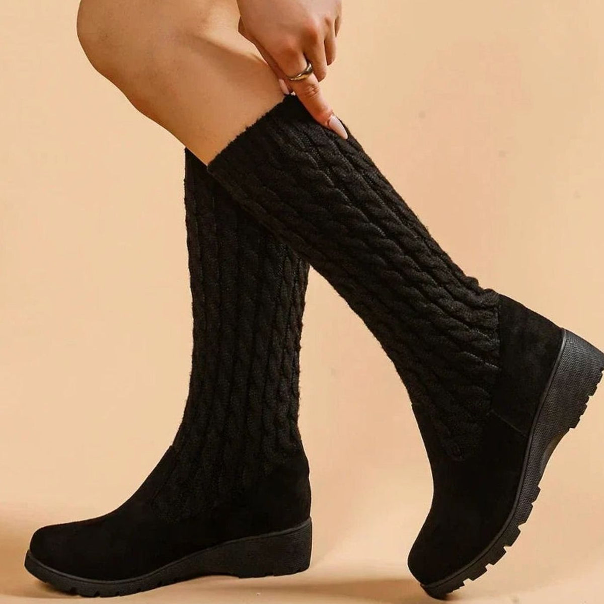 Women's Orthopedic Wedge Knee-High Cable-Knit Suede Boots 3