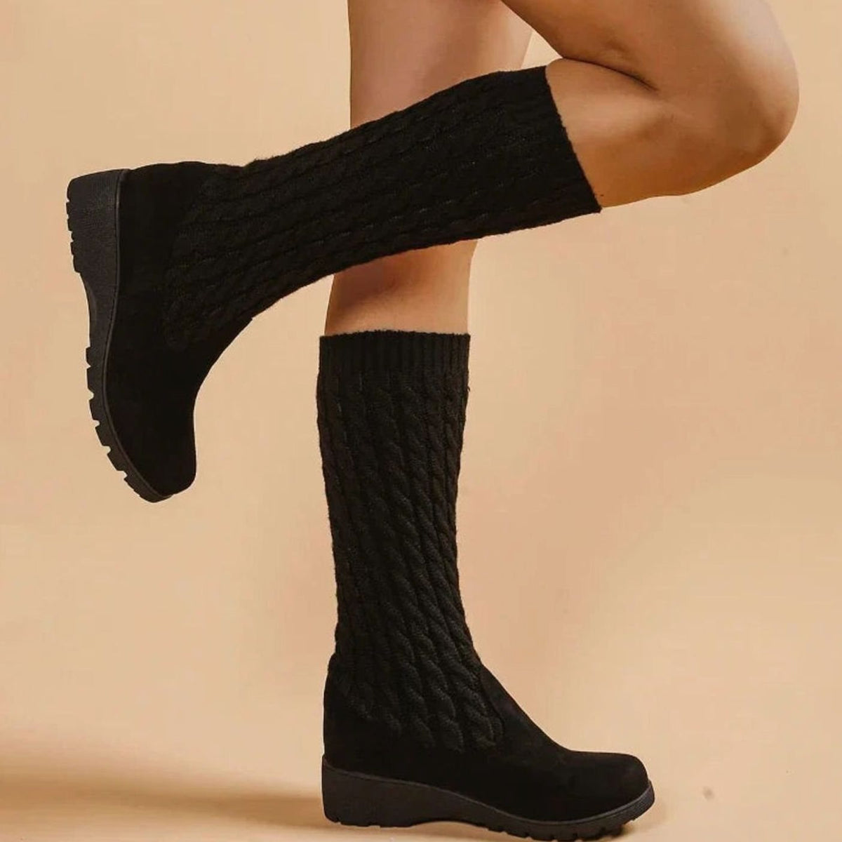 Women's Orthopedic Wedge Knee-High Cable-Knit Suede Boots 4