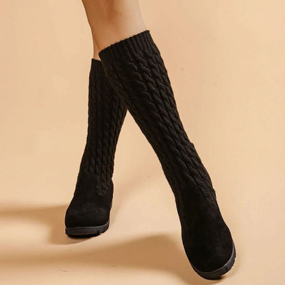 Women's Orthopedic Wedge Knee-High Cable-Knit Suede Boots 6
