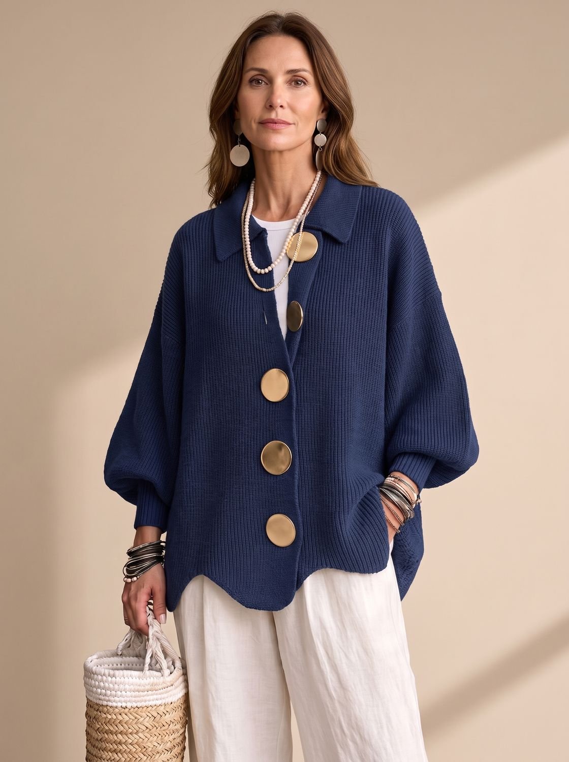 Women's Oversized Lantern Sleeve Knit Cardigan Gold Buttons 1