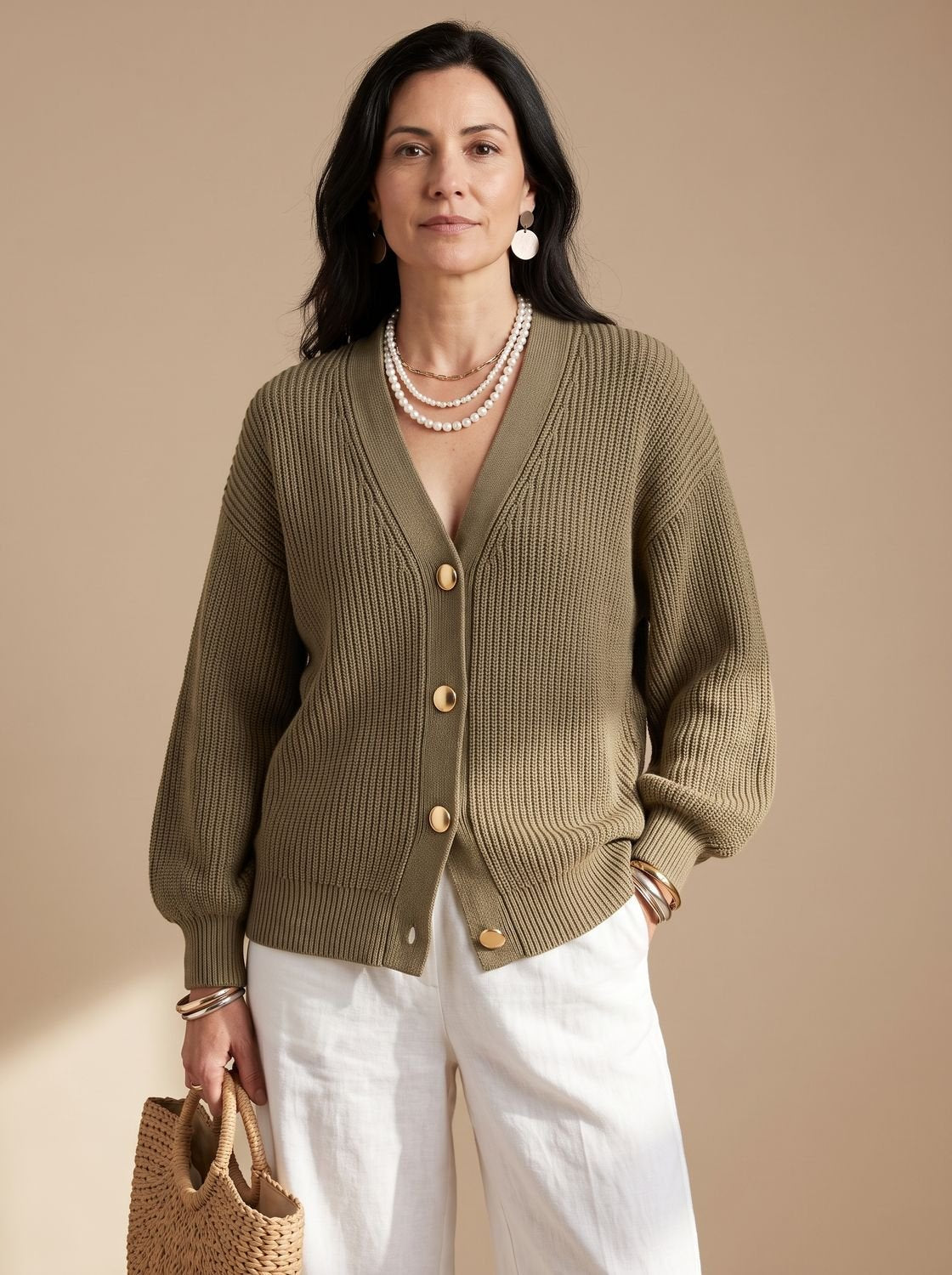 Women's Oversized Lantern Sleeve Knit Cardigan Gold Buttons 10
