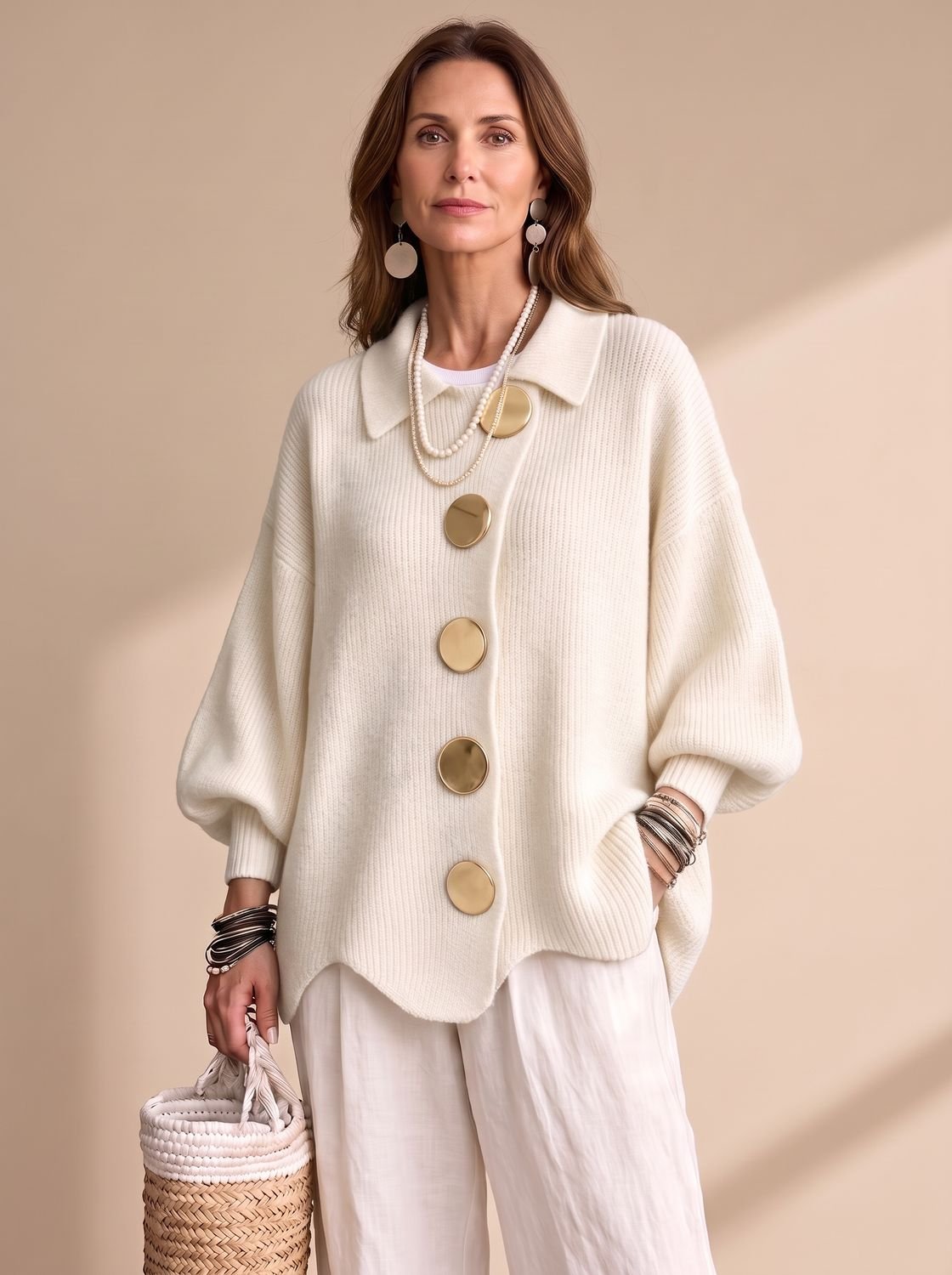 Women's Oversized Lantern Sleeve Knit Cardigan Gold Buttons 11