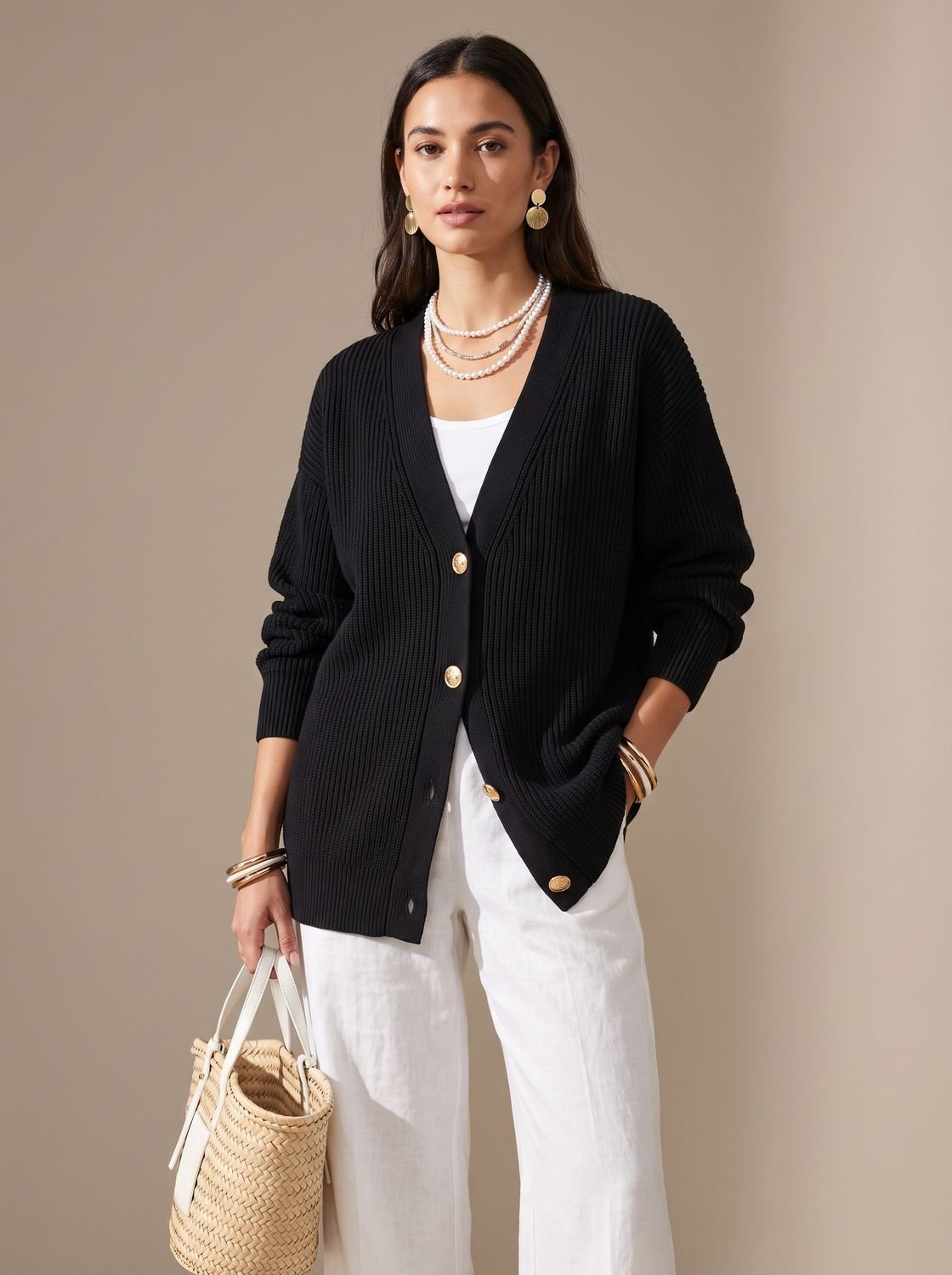 Women's Oversized Lantern Sleeve Knit Cardigan Gold Buttons 3