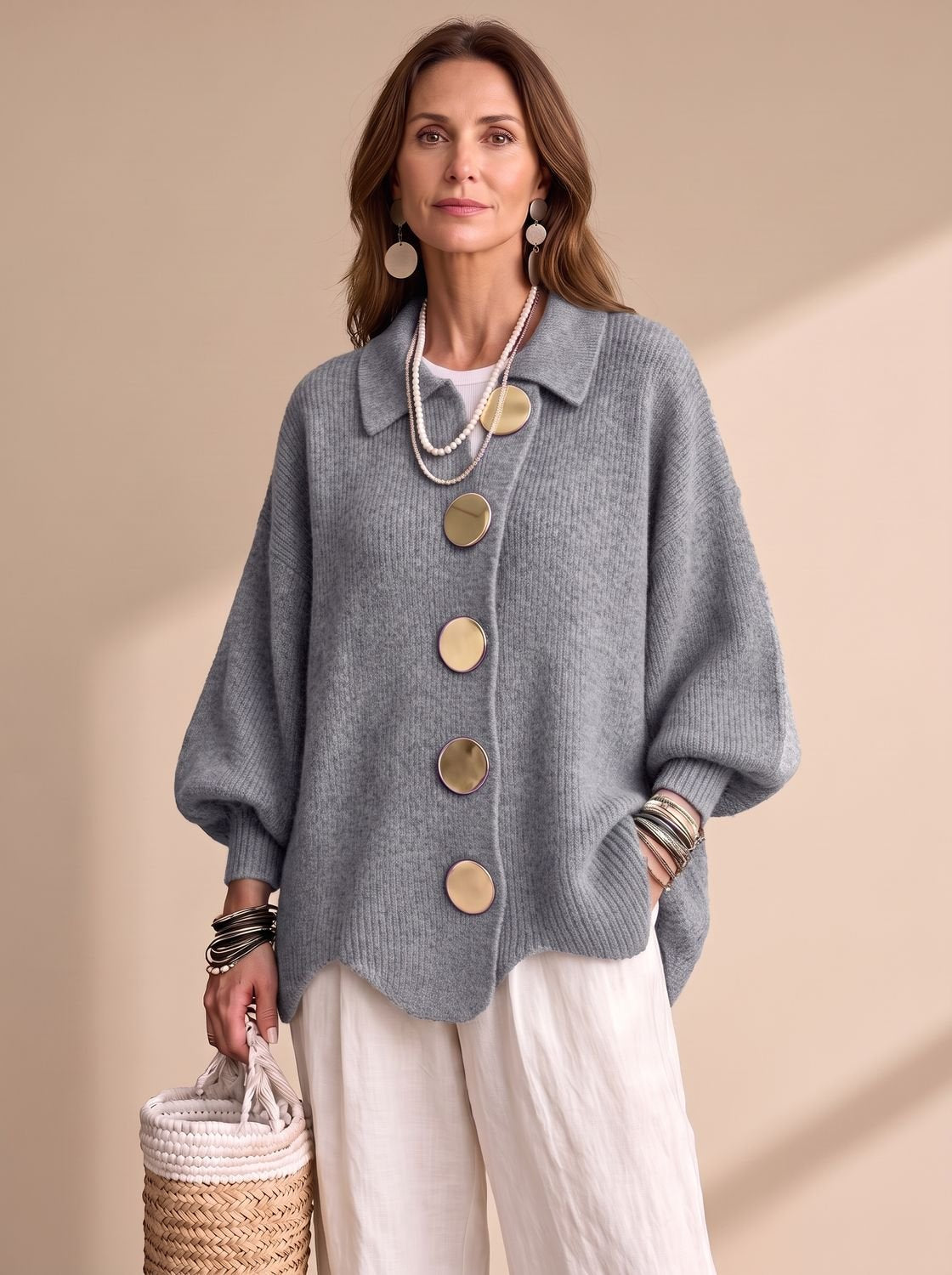 Women's Oversized Lantern Sleeve Knit Cardigan Gold Buttons 4