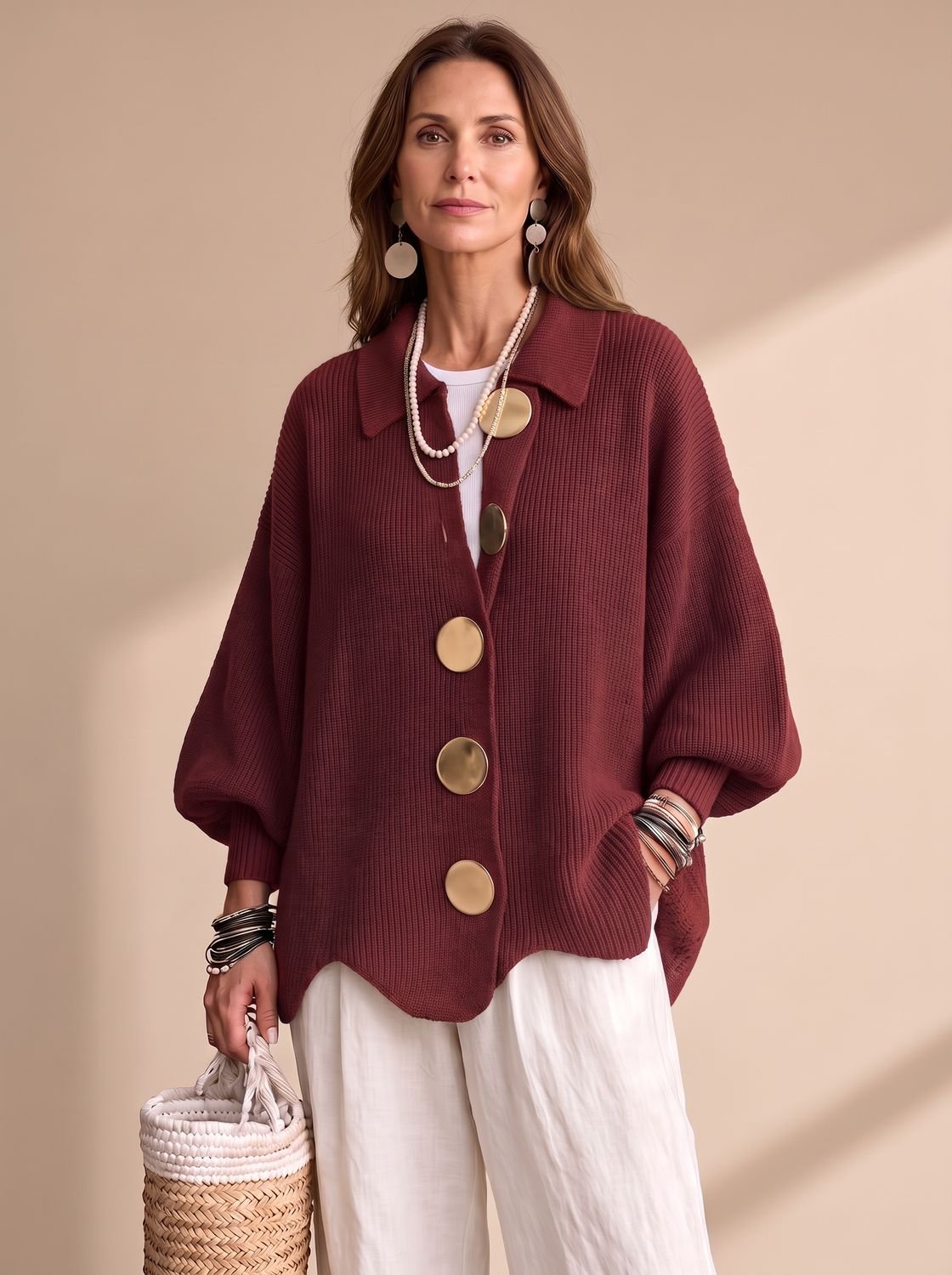 Women's Oversized Lantern Sleeve Knit Cardigan Gold Buttons 5