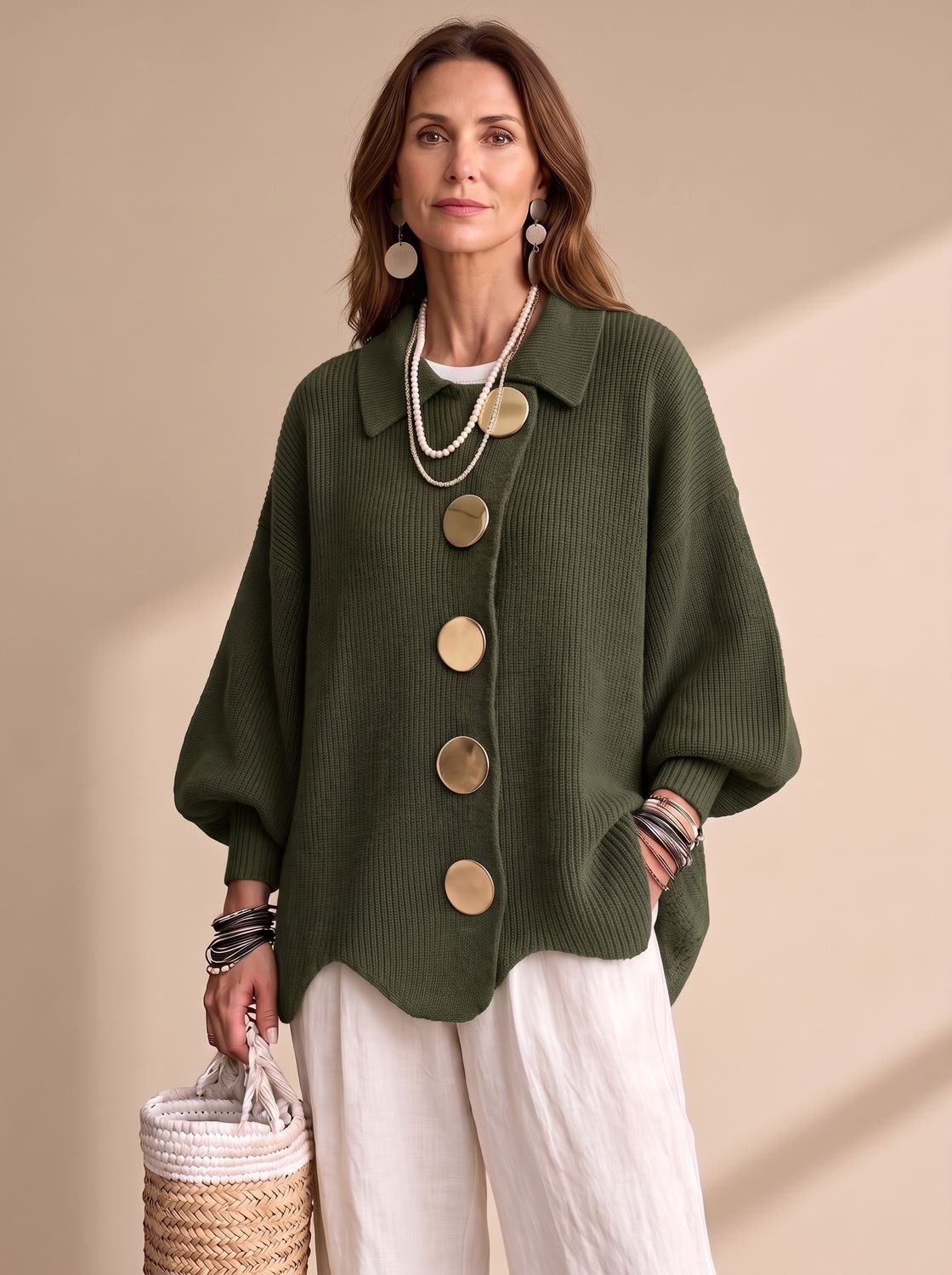 Women's Oversized Lantern Sleeve Knit Cardigan Gold Buttons 6