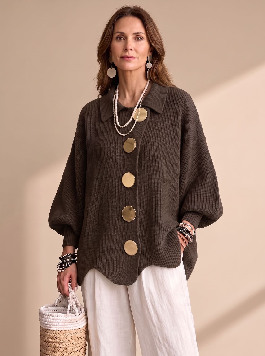 Women's Oversized Lantern Sleeve Knit Cardigan Gold Buttons 7