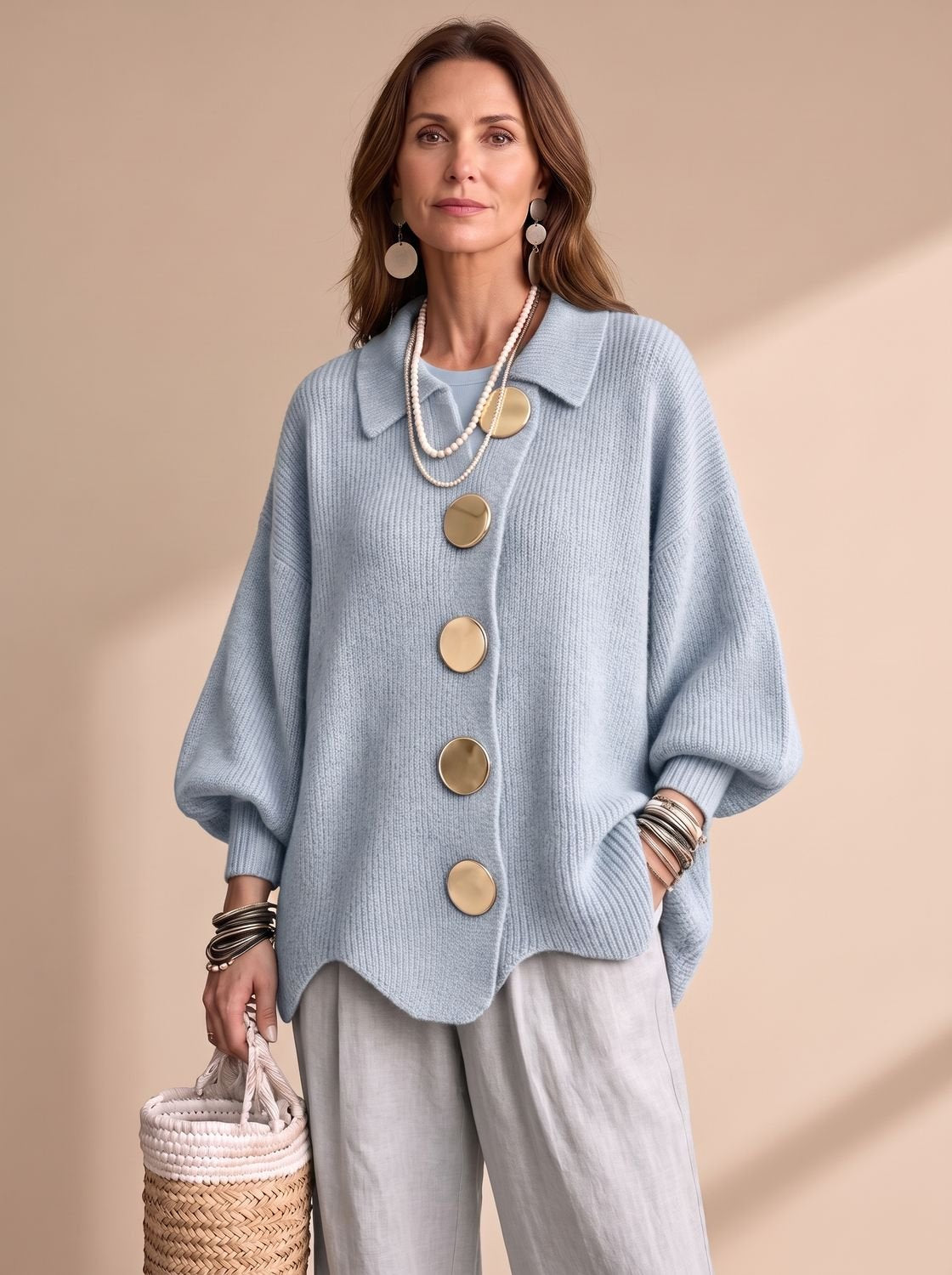 Women's Oversized Lantern Sleeve Knit Cardigan Gold Buttons 8