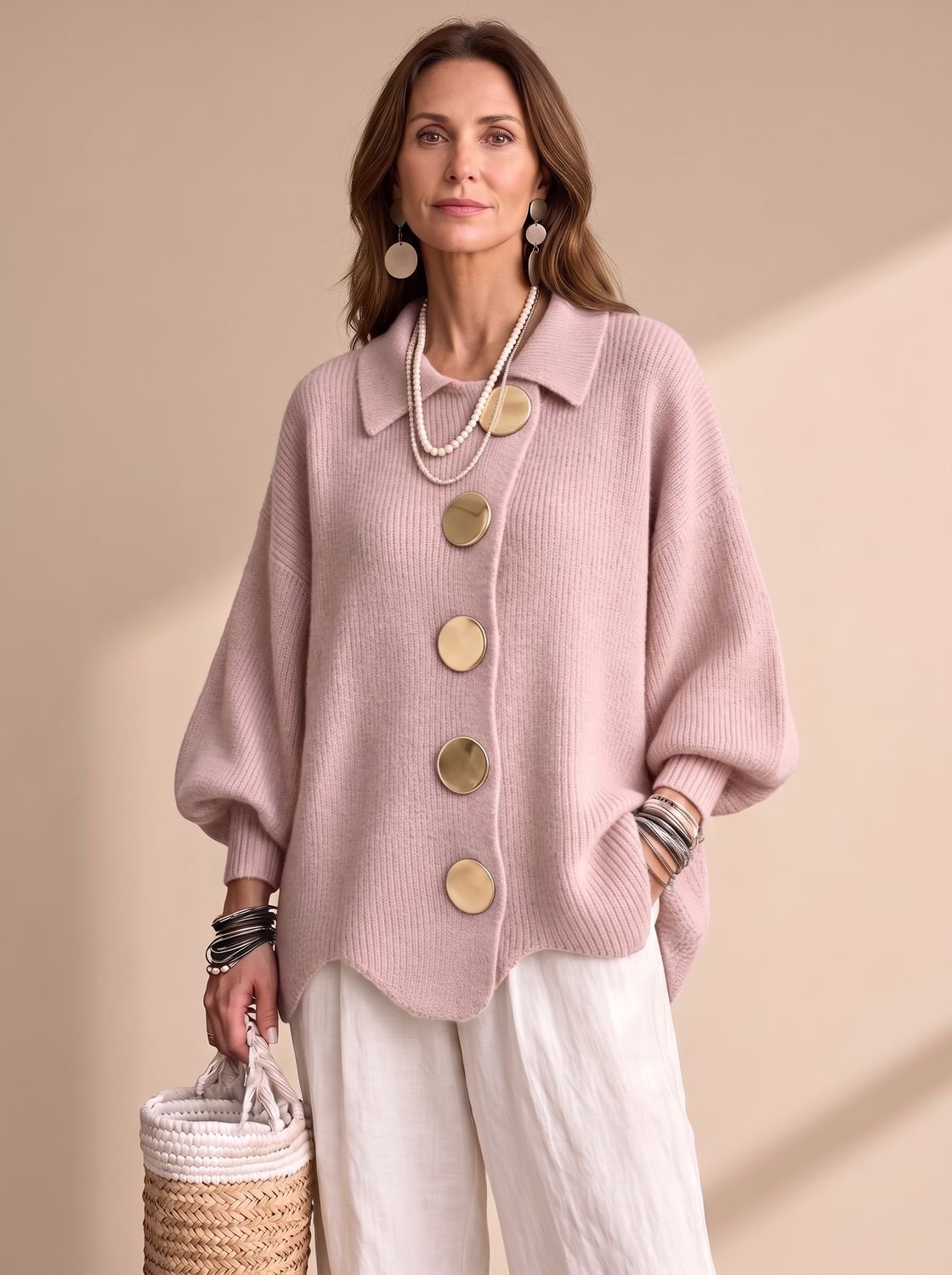 Women's Oversized Lantern Sleeve Knit Cardigan Gold Buttons 9