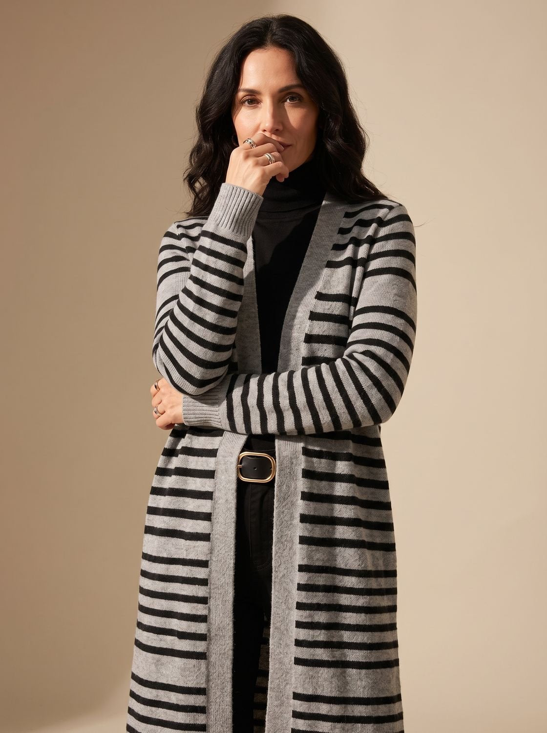 Oversized Striped Long Knit Cardigan — Open Front Women's 2