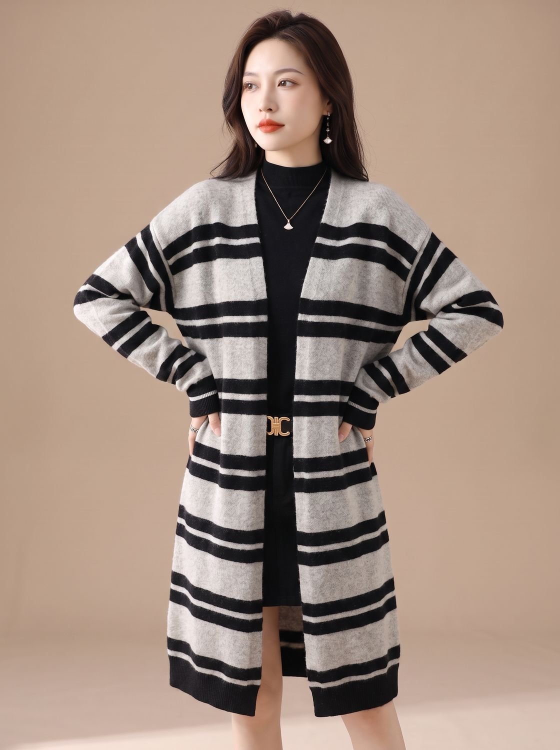 Oversized Striped Long Knit Cardigan — Open Front Women's 11