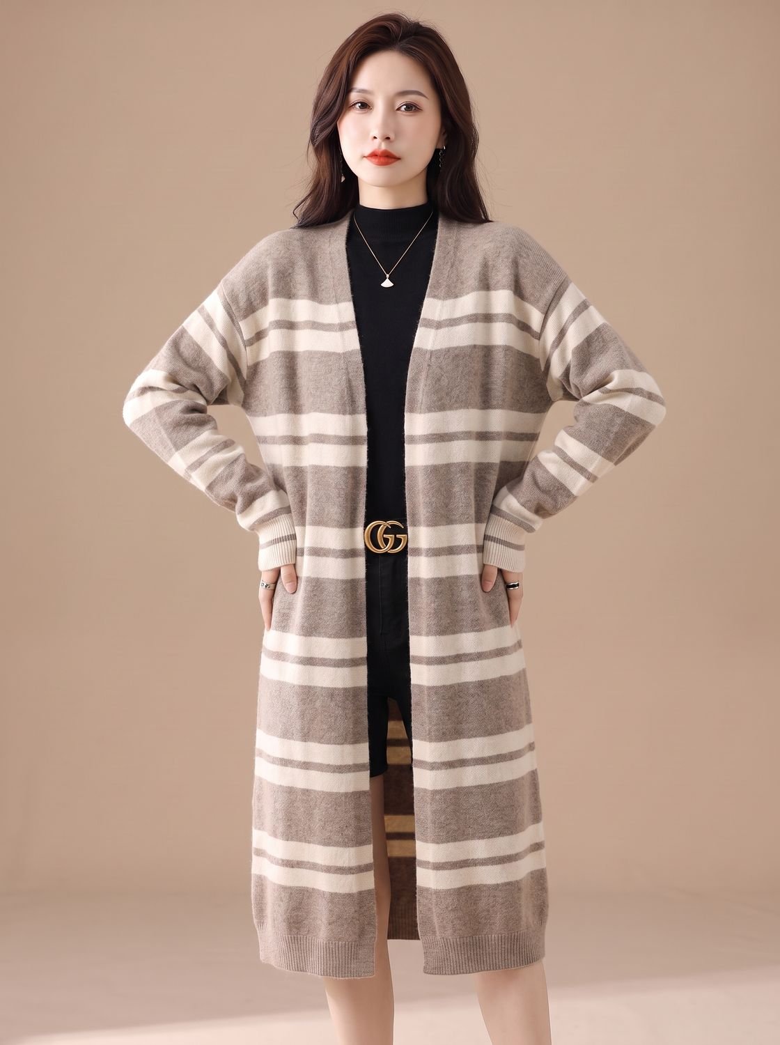 Oversized Striped Long Knit Cardigan — Open Front Women's 13