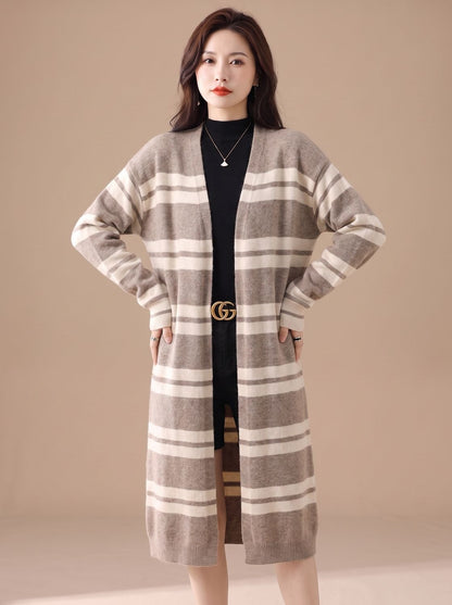 Oversized Striped Long Knit Cardigan — Open Front Women's 13