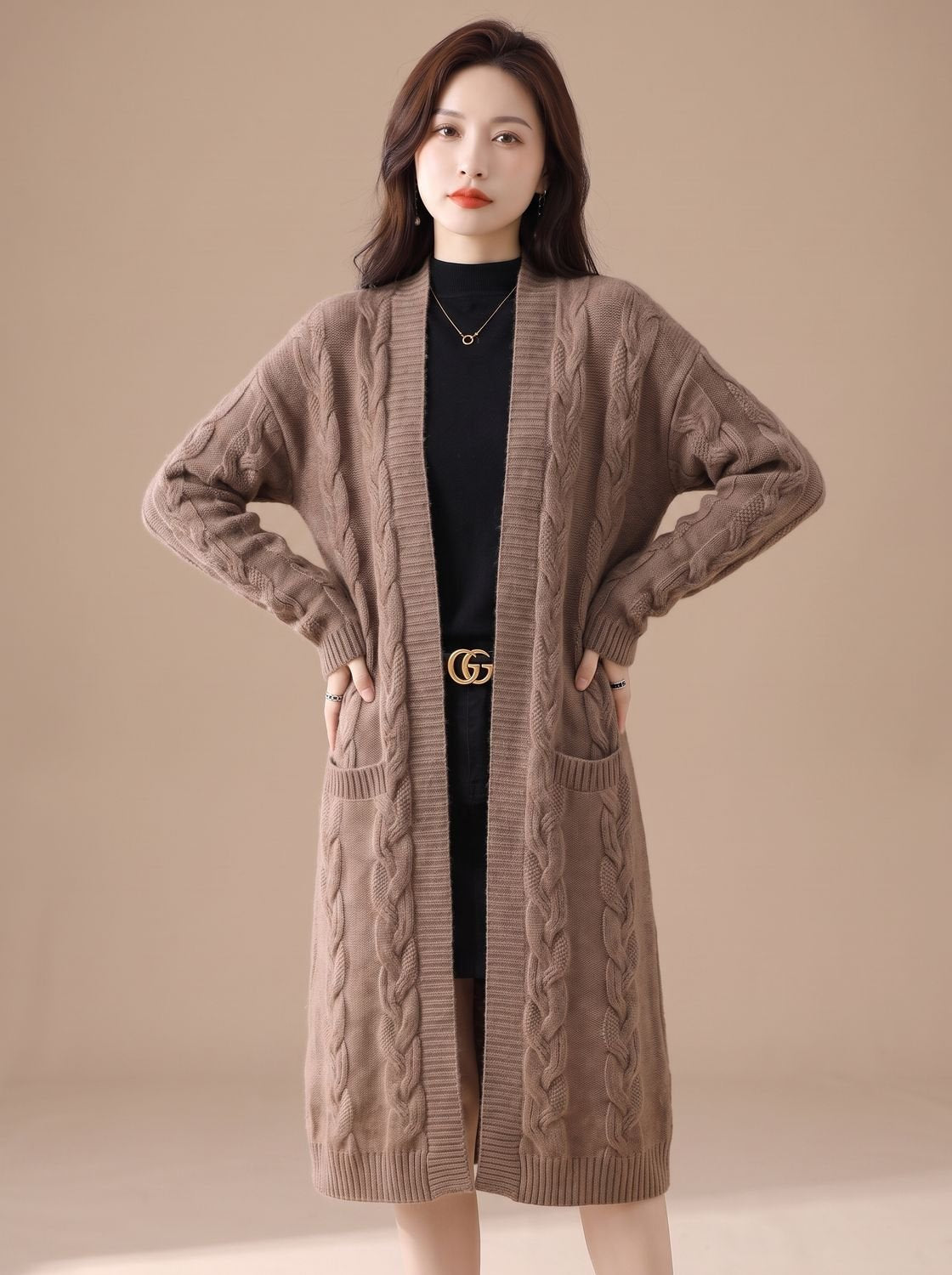 Oversized Striped Long Knit Cardigan — Open Front Women's 14
