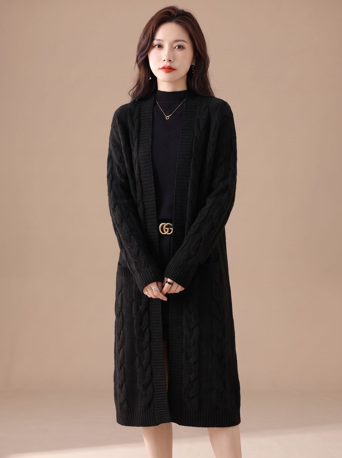 Oversized Striped Long Knit Cardigan — Open Front Women's 15