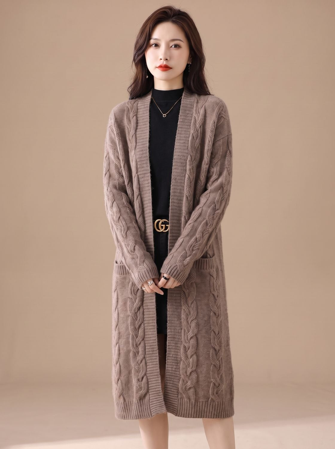 Oversized Striped Long Knit Cardigan — Open Front Women's 3