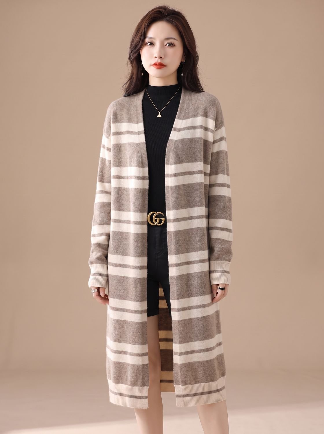 Oversized Striped Long Knit Cardigan — Open Front Women's 4