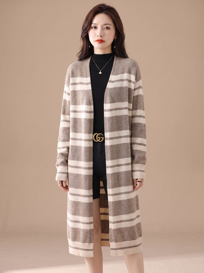 Oversized Striped Long Knit Cardigan — Open Front Women's 4