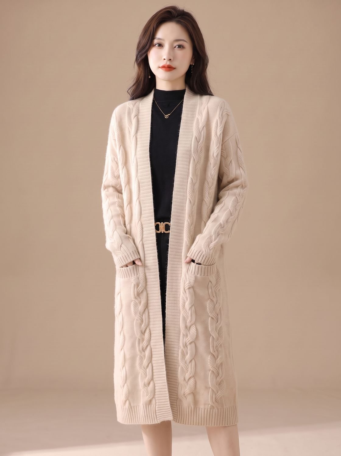 Oversized Striped Long Knit Cardigan — Open Front Women's 5