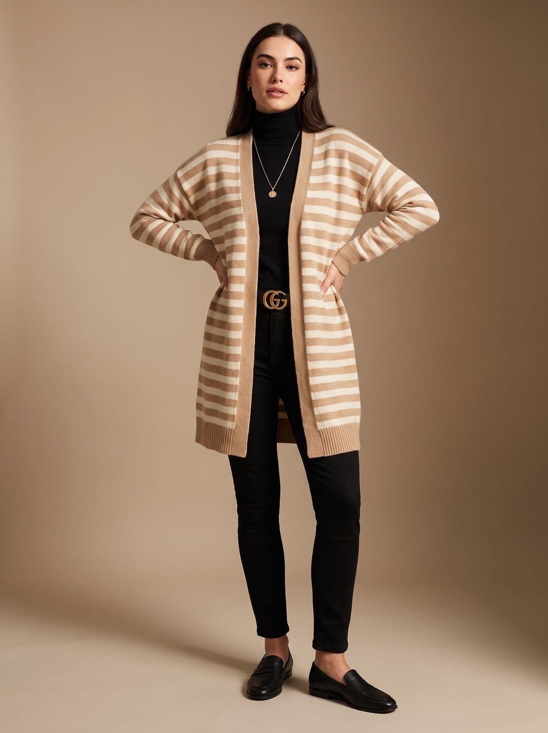 Oversized Striped Long Knit Cardigan — Open Front Women's 6