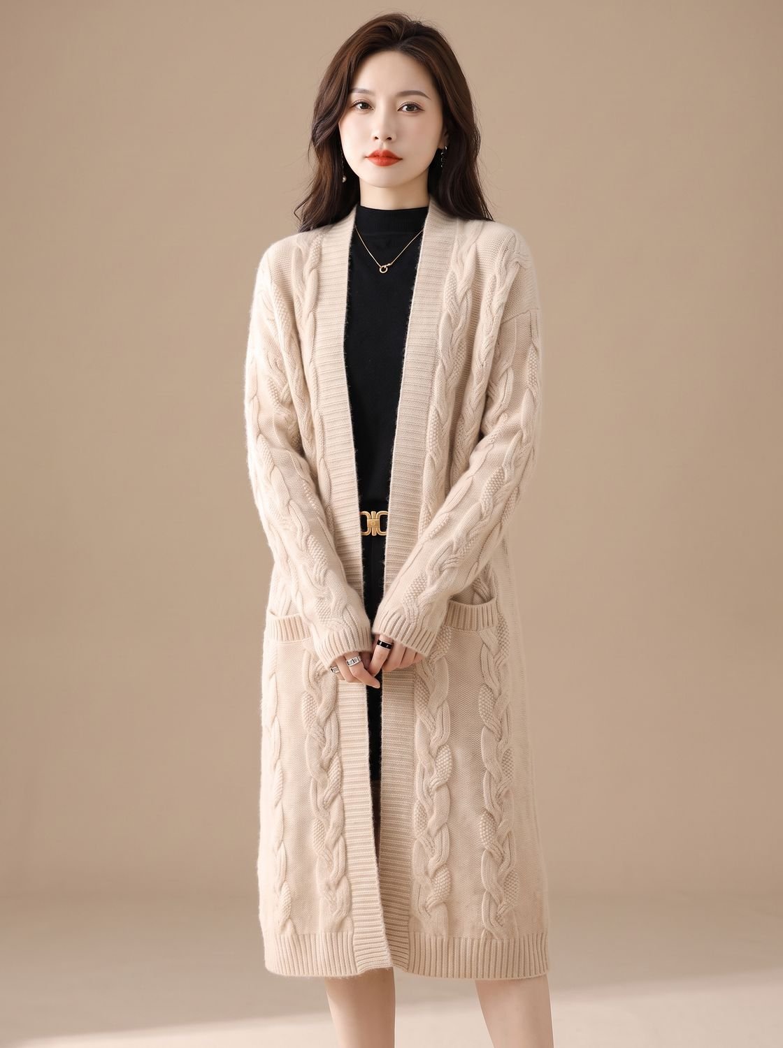 Oversized Striped Long Knit Cardigan — Open Front Women's 1