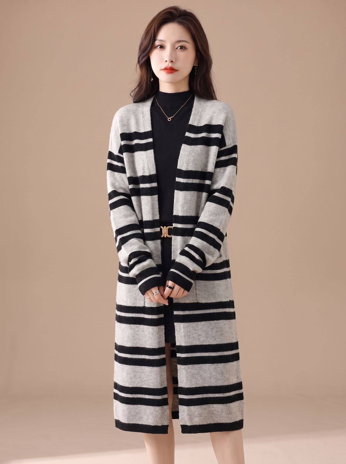 Oversized Striped Long Knit Cardigan — Open Front Women's 7