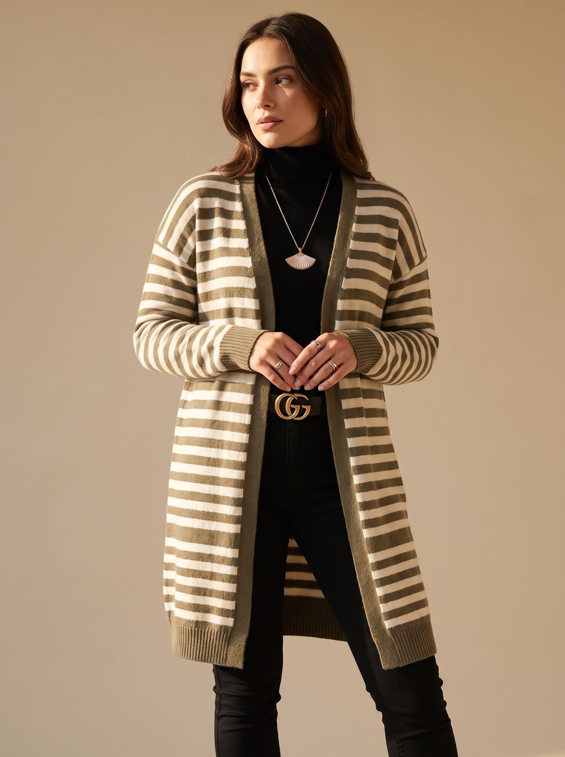 Oversized Striped Long Knit Cardigan — Open Front Women's 9