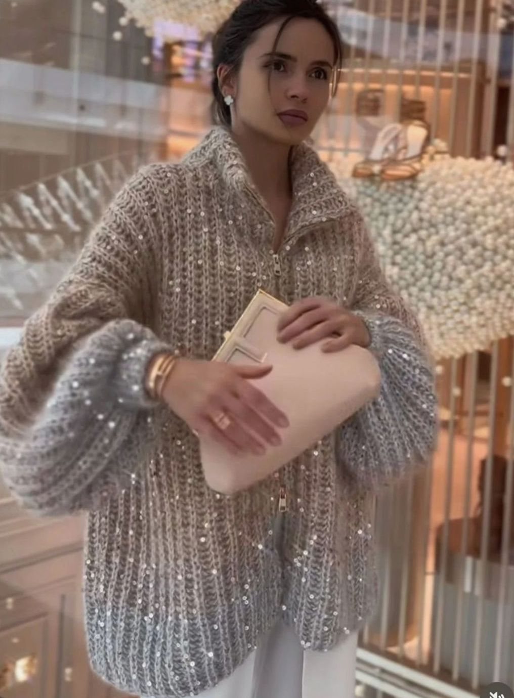 Women's Oversized Sequin Zip-Neck Chunky Knit Cardigan 1