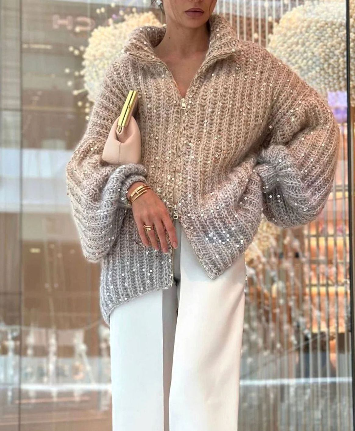 Women's Oversized Sequin Zip-Neck Chunky Knit Cardigan 3