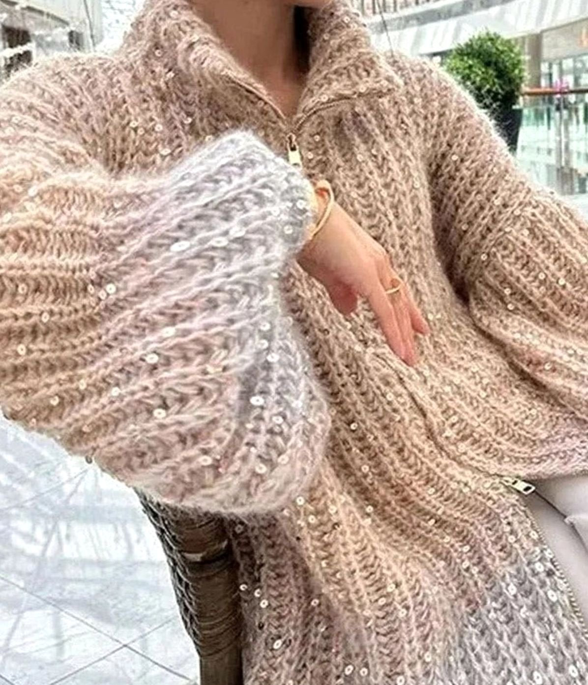 Women's Oversized Sequin Zip-Neck Chunky Knit Cardigan 4