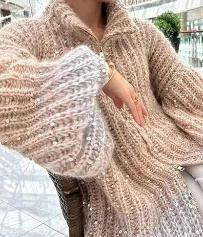 Women's Oversized Sequin Zip-Neck Chunky Knit Cardigan 4