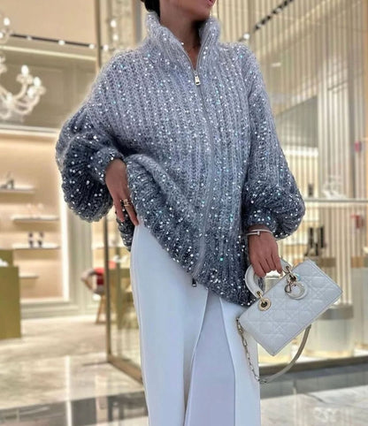 Women's Oversized Sequin Zip-Neck Chunky Knit Cardigan 5