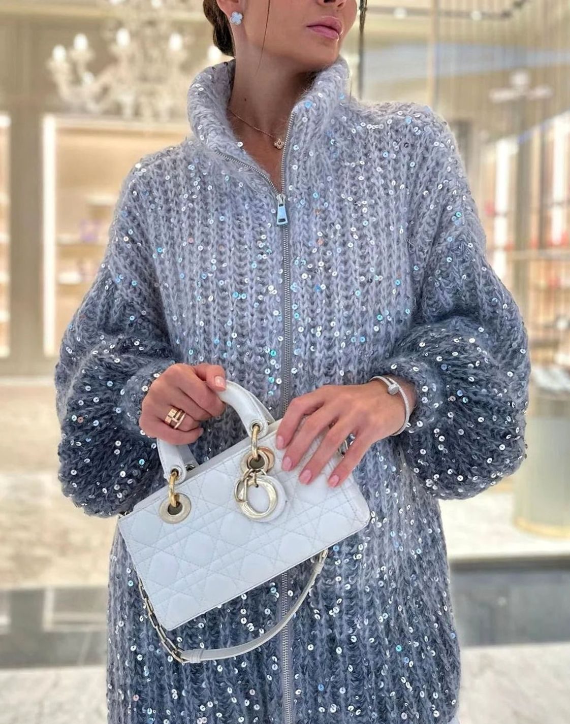 Women's Oversized Sequin Zip-Neck Chunky Knit Cardigan 7