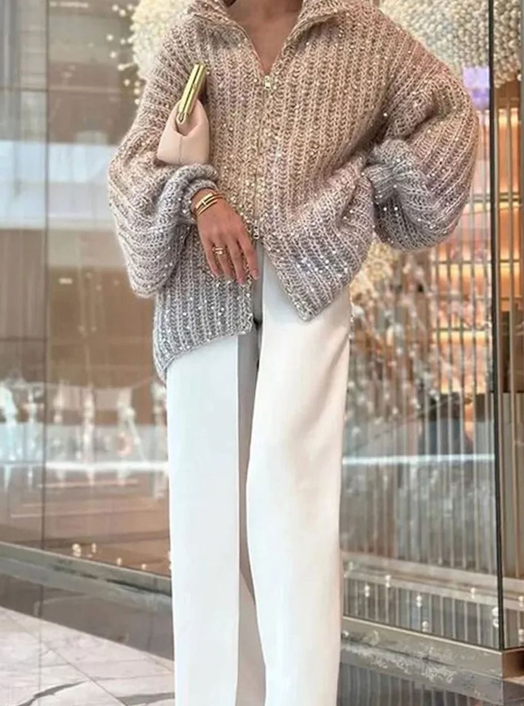 Women's Oversized Sequin Zip-Neck Chunky Knit Cardigan 8