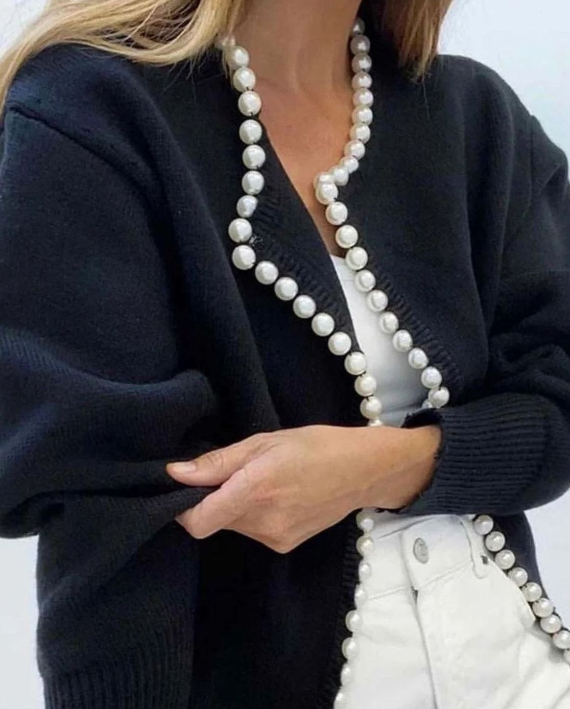 Women's Pearl-Trim Open-Front Knit Cardigan Sweater 1