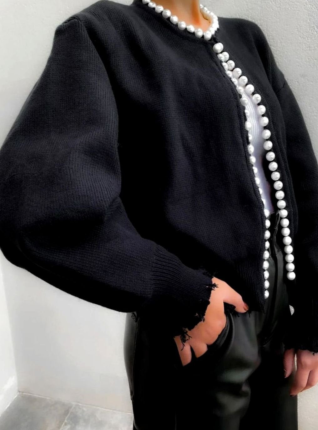 Women's Pearl-Trim Open-Front Knit Cardigan Sweater 3