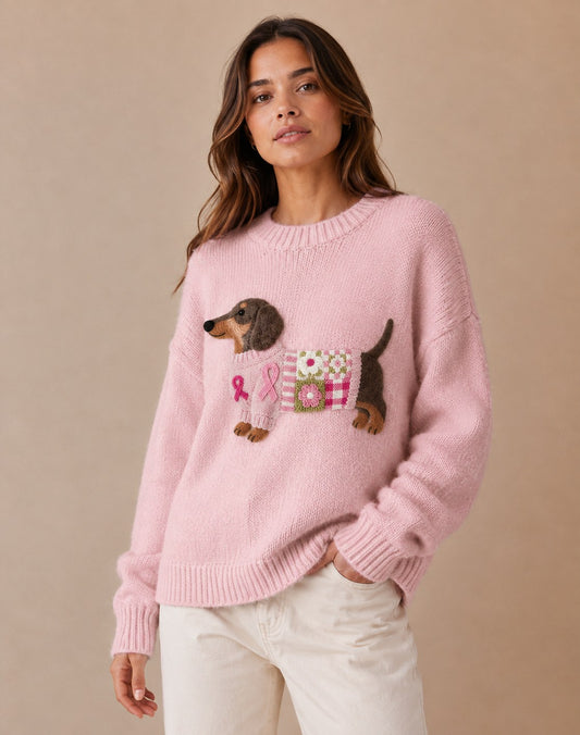 DECERLE - Women's - Patchwork Knit - Dachshund Motif Sweater