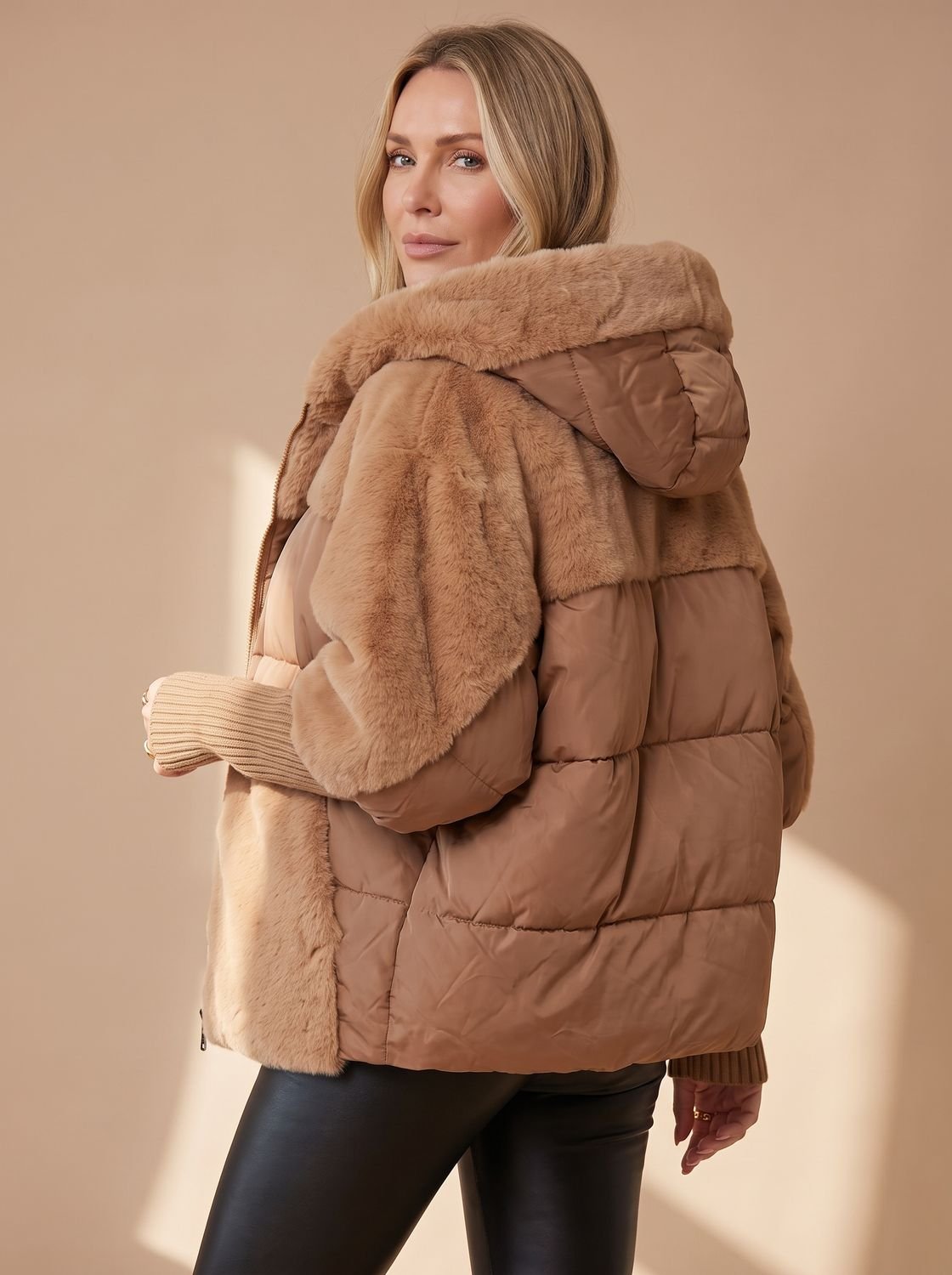 Women's Quilted Faux Fur Hooded Puffer Winter Jacket 4