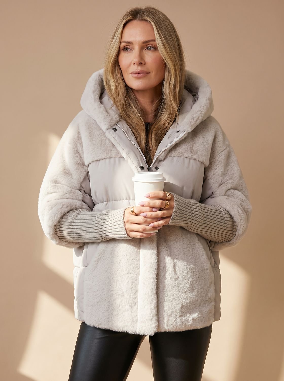 Women's Quilted Faux Fur Hooded Puffer Winter Jacket 1