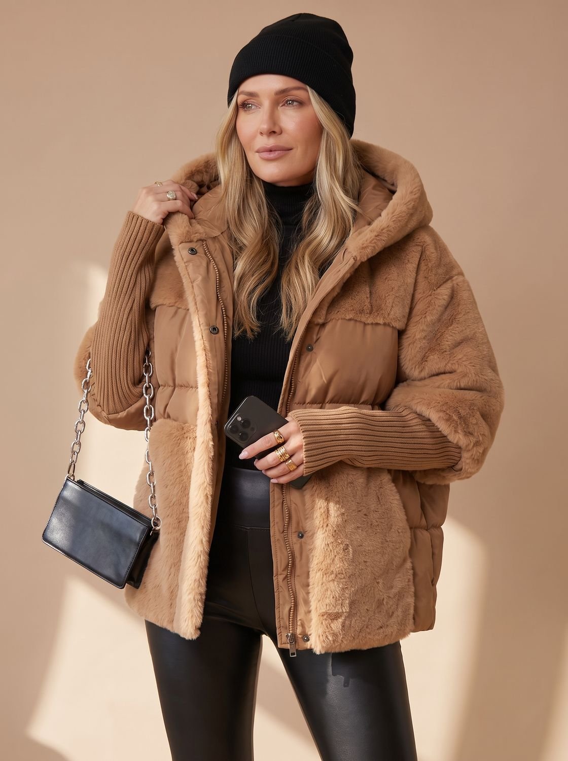 Women's Quilted Faux Fur Hooded Puffer Winter Jacket 9
