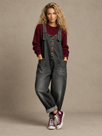Women's Relaxed Button Dungarees – Overalls Jumpsuit with Pockets