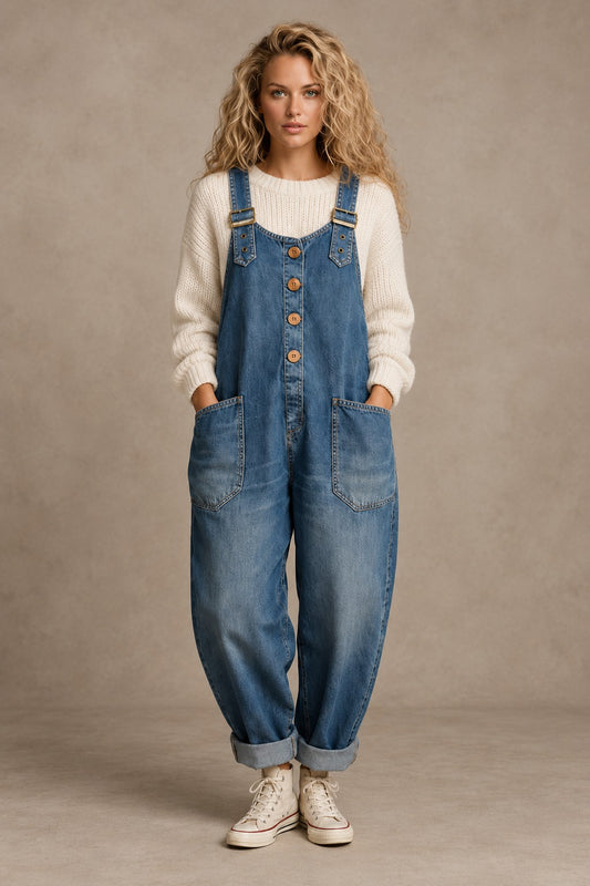 Women's Relaxed Button Dungarees – Overalls Jumpsuit with Pockets