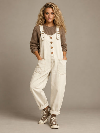 Women's Relaxed Button Dungarees – Overalls Jumpsuit with Pockets