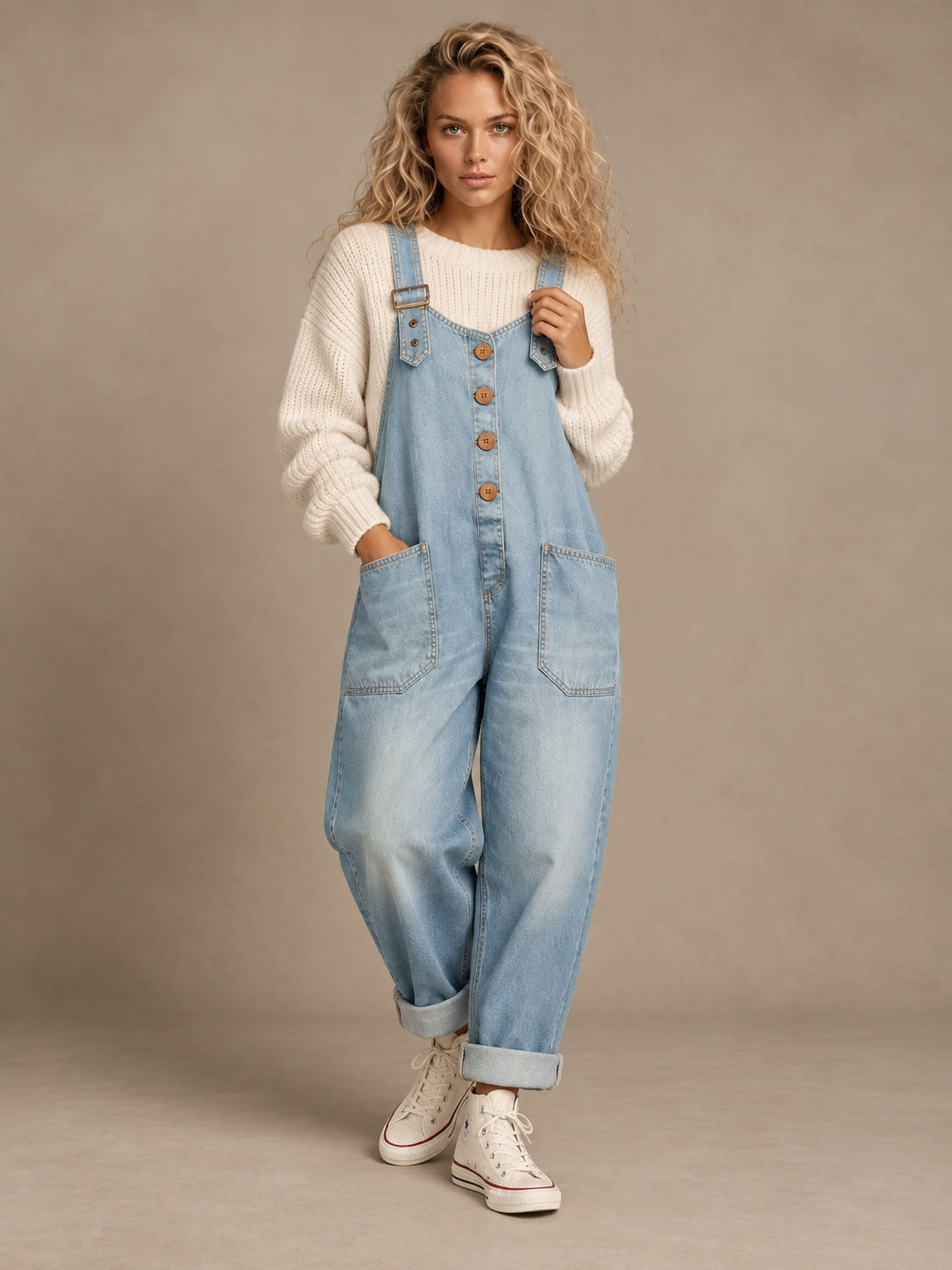 Women's Relaxed Button Dungarees – Overalls Jumpsuit with Pockets